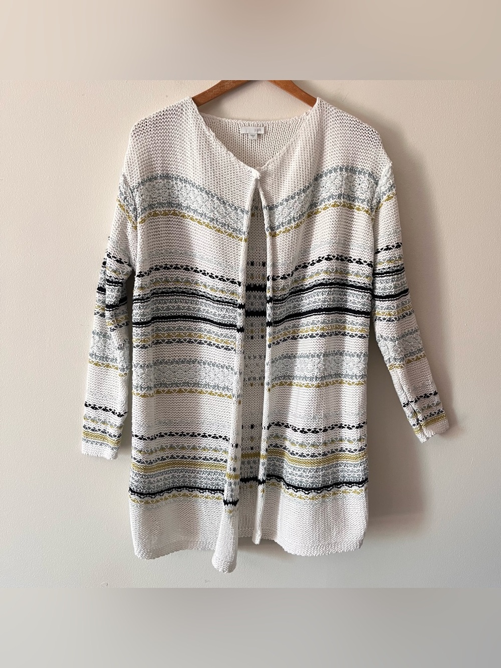 J. Jill White Open-Front Cardigan With Navy, Blues, and Gold Stripe Pattern Med